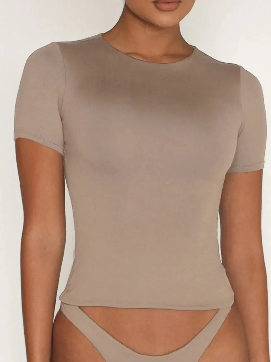 Round Neck Short Sleeve Swim Top Khaki - Fashorio