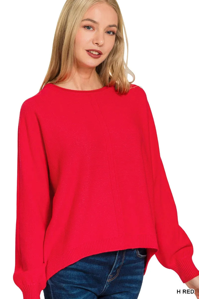 Zenana Viscose Front Seam Round-Neck Sweater H RED - Fashorio