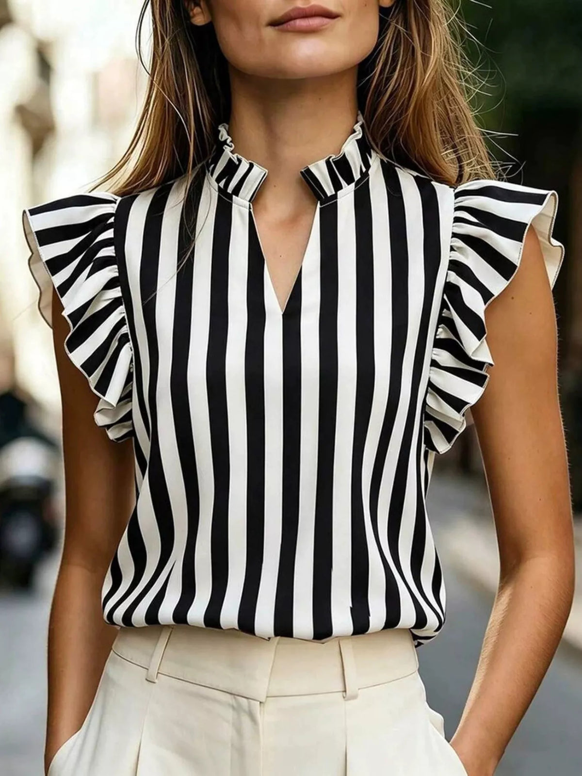 Printed ruffle sleeve blouse full length view