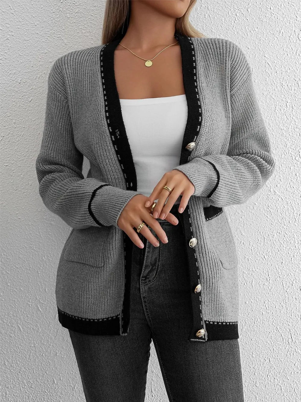 Contrast Trim Button Up Long Sleeve Cardigan - Fashorio