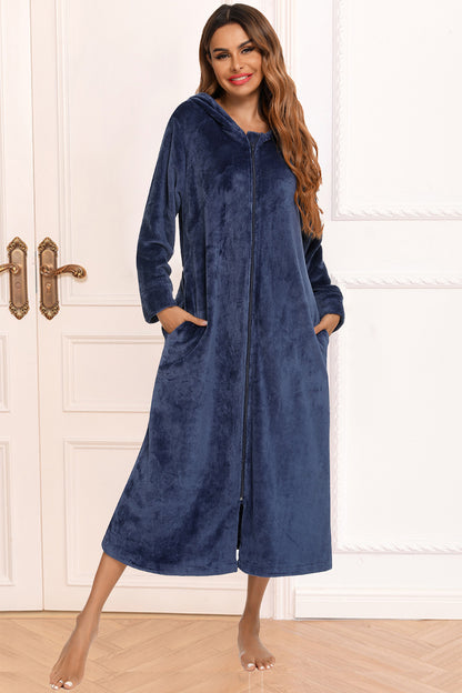 Zip Front Hooded Night Dress with Pockets Navy - Fashorio