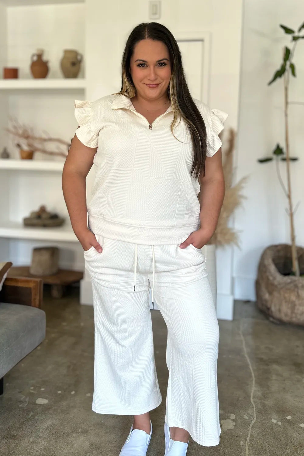 Double Take Full Size Texture Ruffle Short Sleeve Top and Wide Leg Pants Set - Fashorio