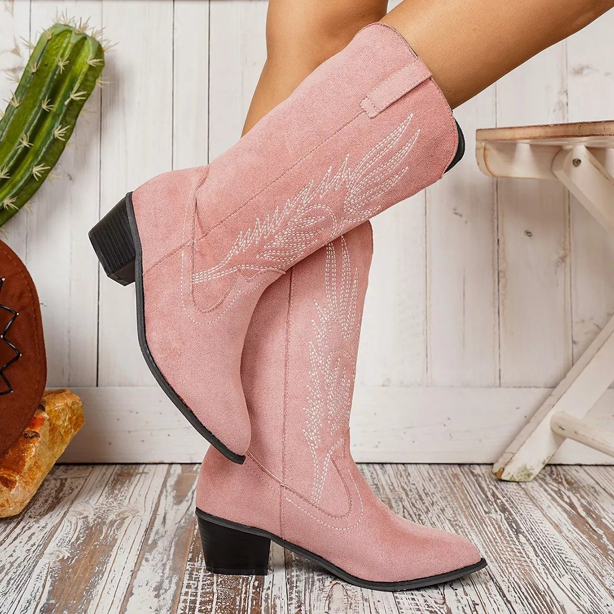 Point toe block heel boots, zipper detail