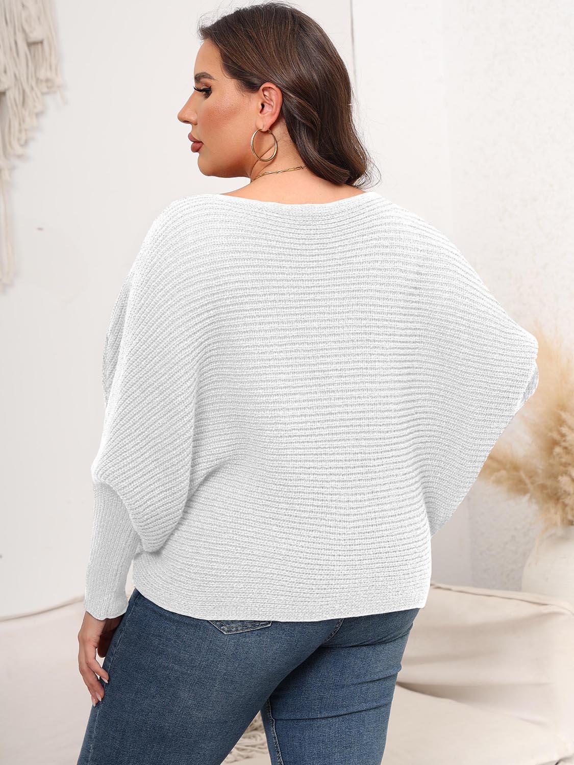 Full Size Boat Neck Batwing Sleeve Sweater - Fashorio
