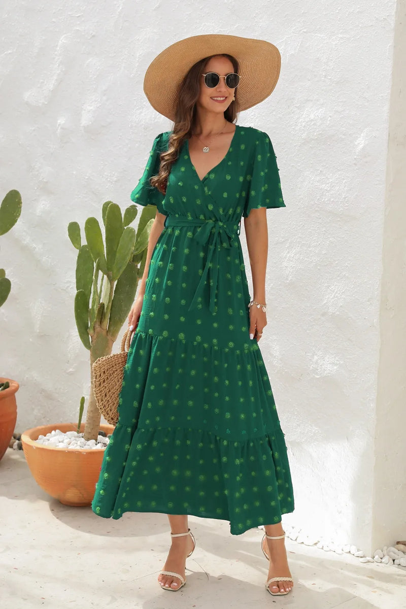 Swiss dot surplice short sleeve dress front view