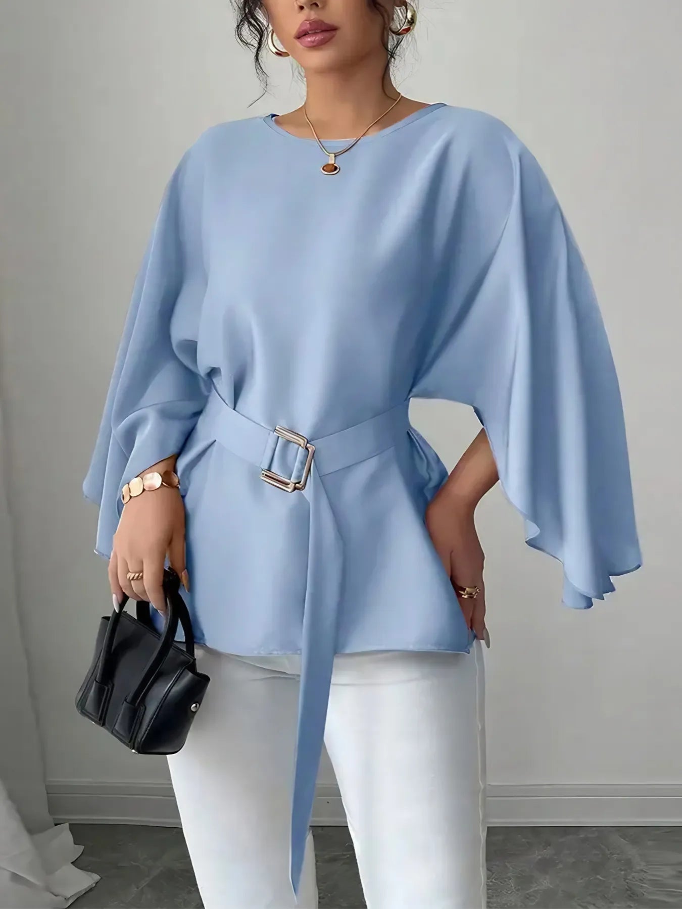 Belted Round Neck Flutter Sleeves Blouse Light Blue - Fashorio