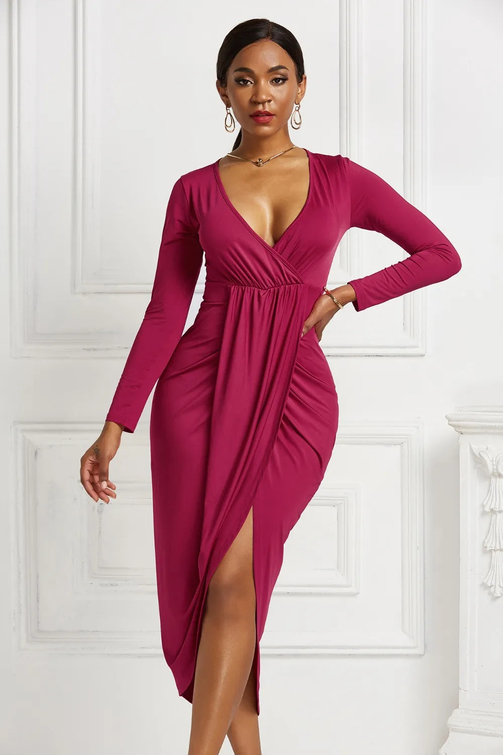 High Low Ruched Surplice Long Sleeve Dress, view 32