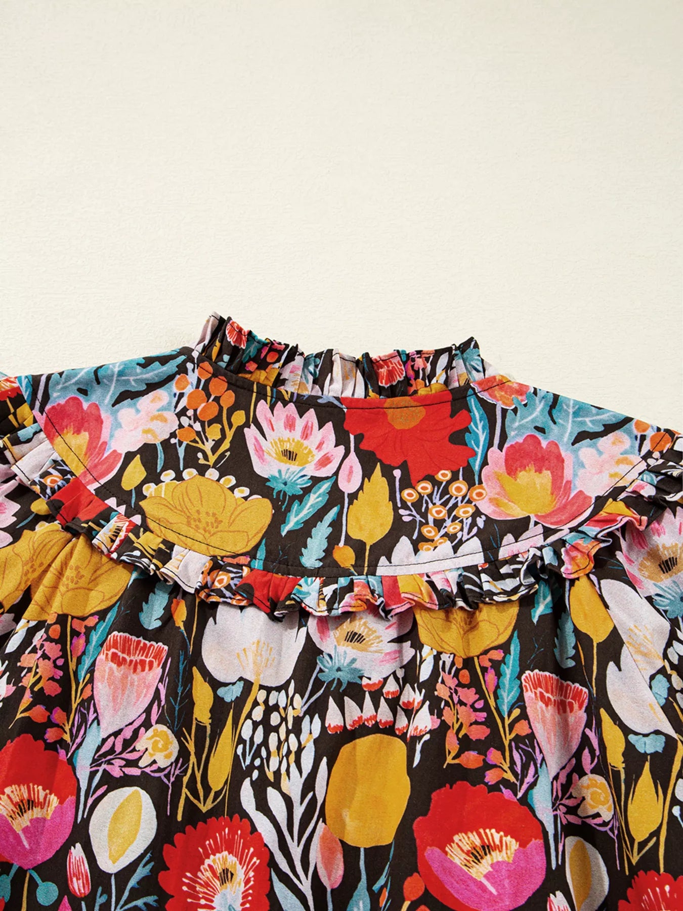 Floral 3/4 Puff Sleeve Tied Neck Blouse - Fashorio