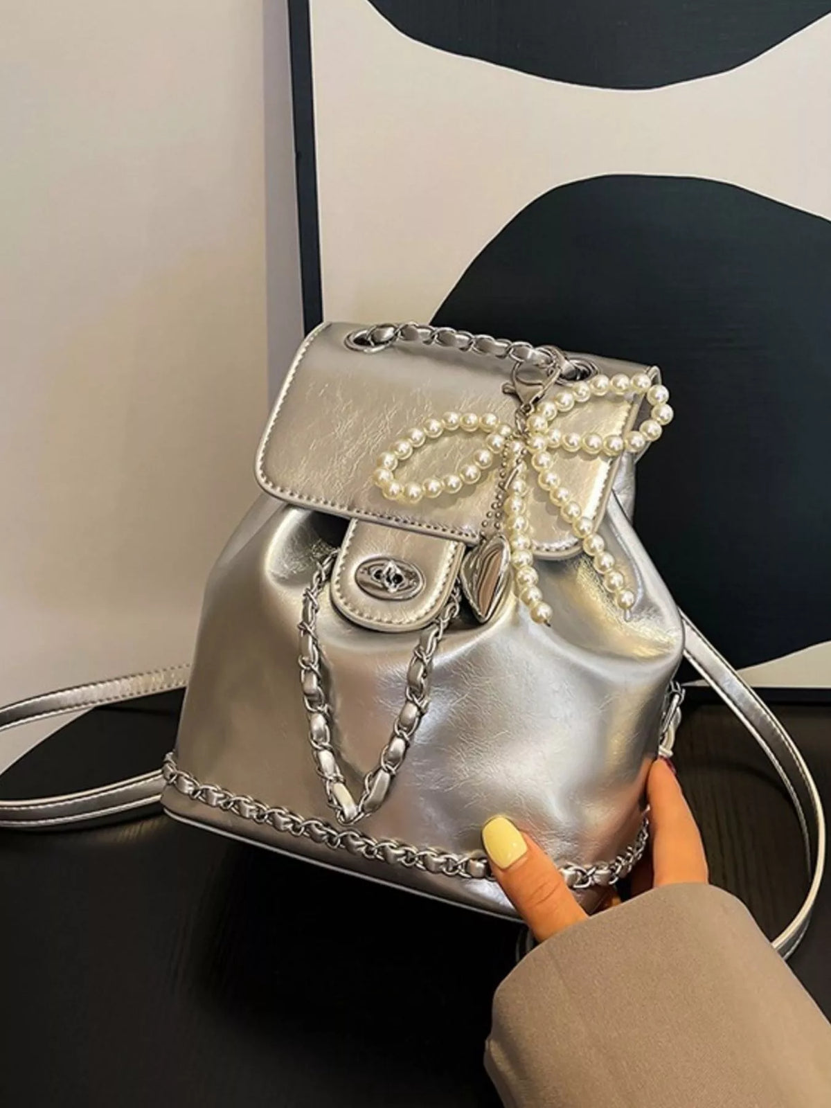 silver pearl mini backpack top handle and zip detail