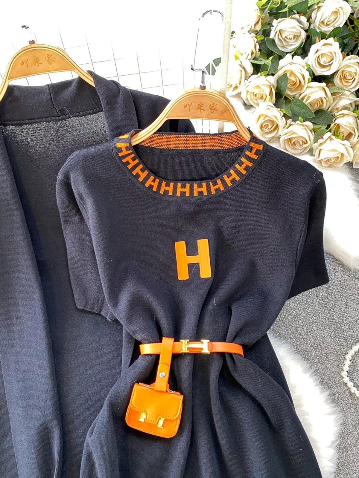Round neck knit dress and belted cardigan set side view