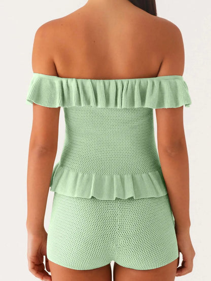 Off-Shoulder Ruffle Top and Shorts Sweater Set - Fashorio