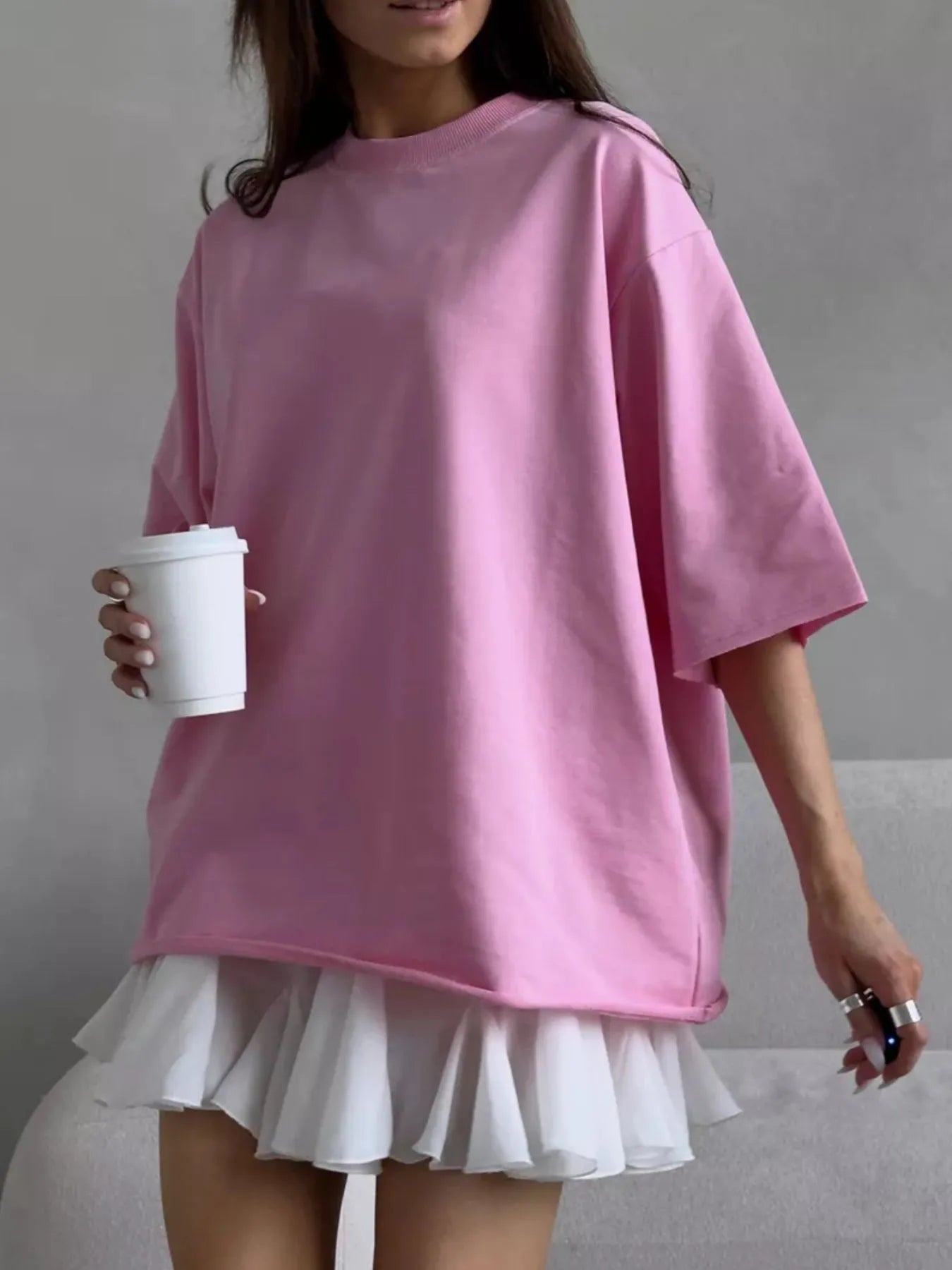 Round Neck Half Sleeve Oversized T-Shirt Pink - Fashorio