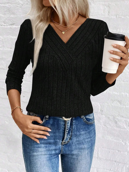 Ribbed V-Neck Long Sleeve Knit T-Shirt Black - Fashorio