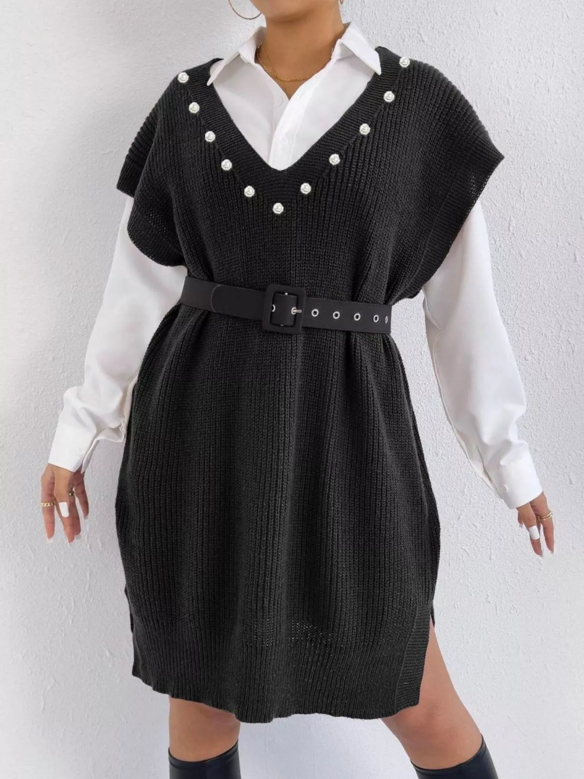 slit v neck sweater dress layered look