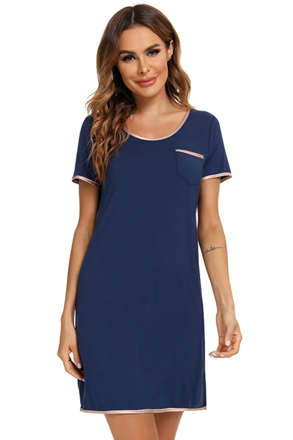 Contrast Trim Pocketed Round Neck Lounge Dress - Fashorio