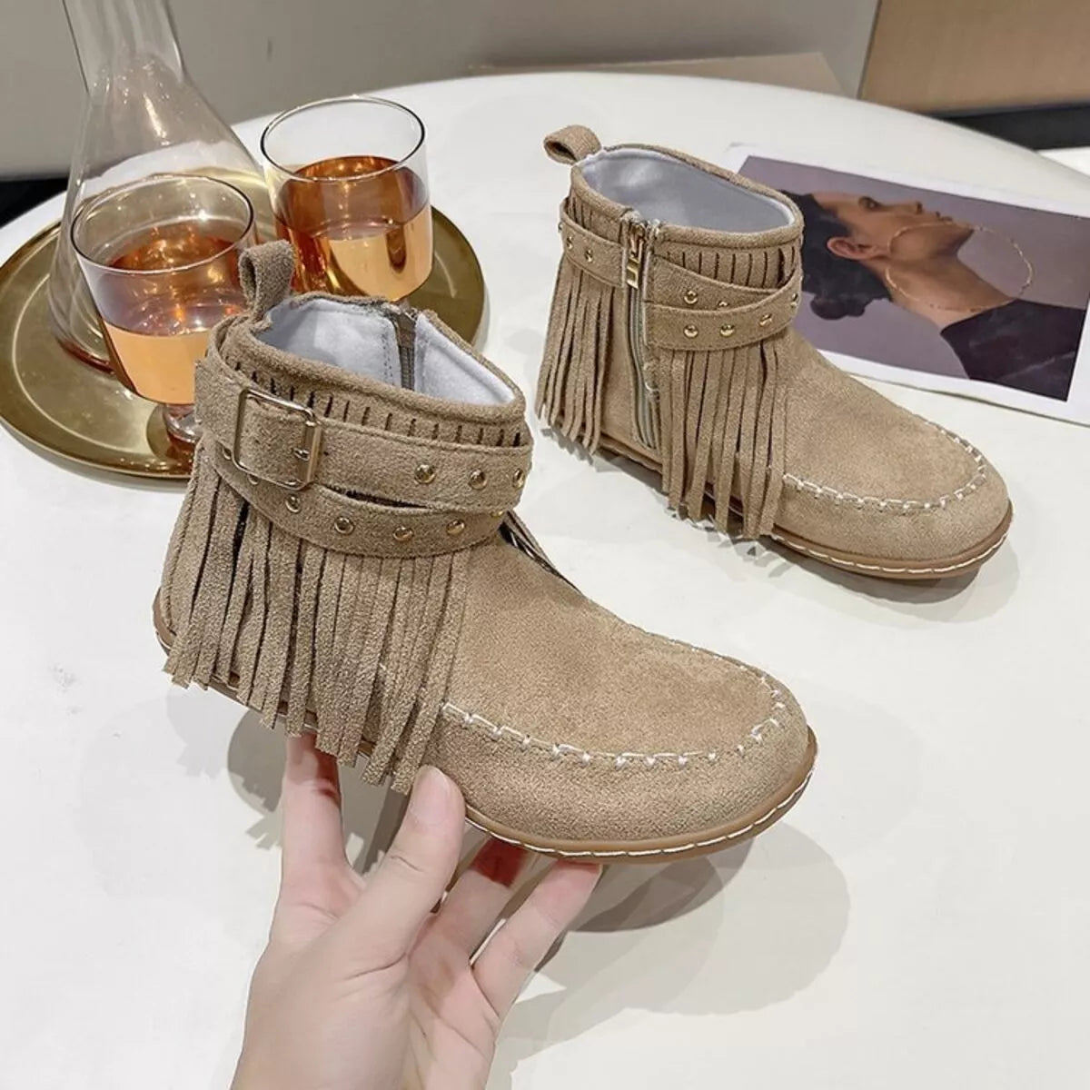 fringe round toe boots on model view