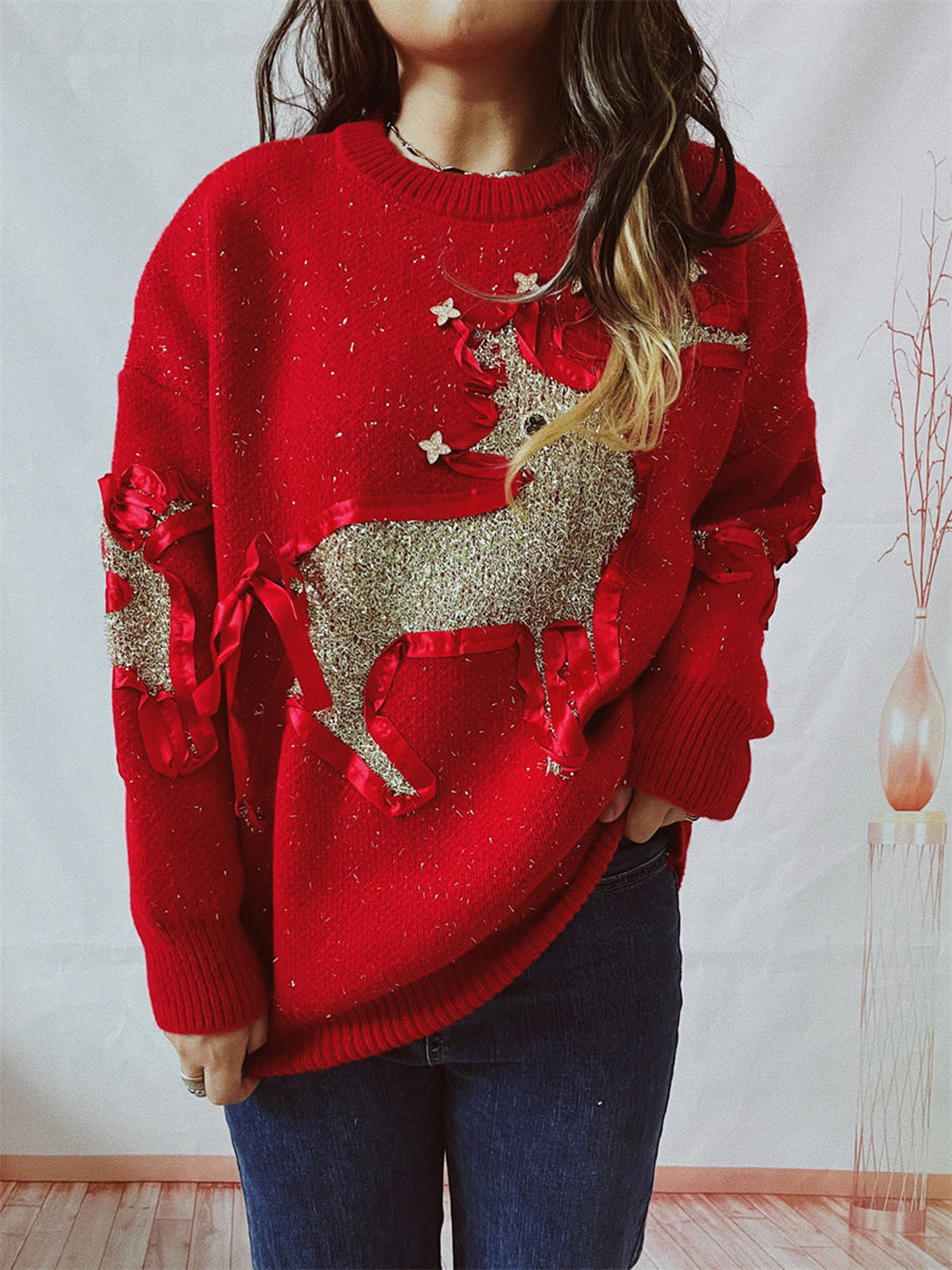 Reindeer Round Neck Long Sleeve Sweater Red - Fashorio