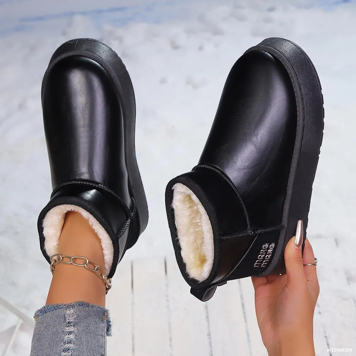 Faux fur platform ankle boots heel detail