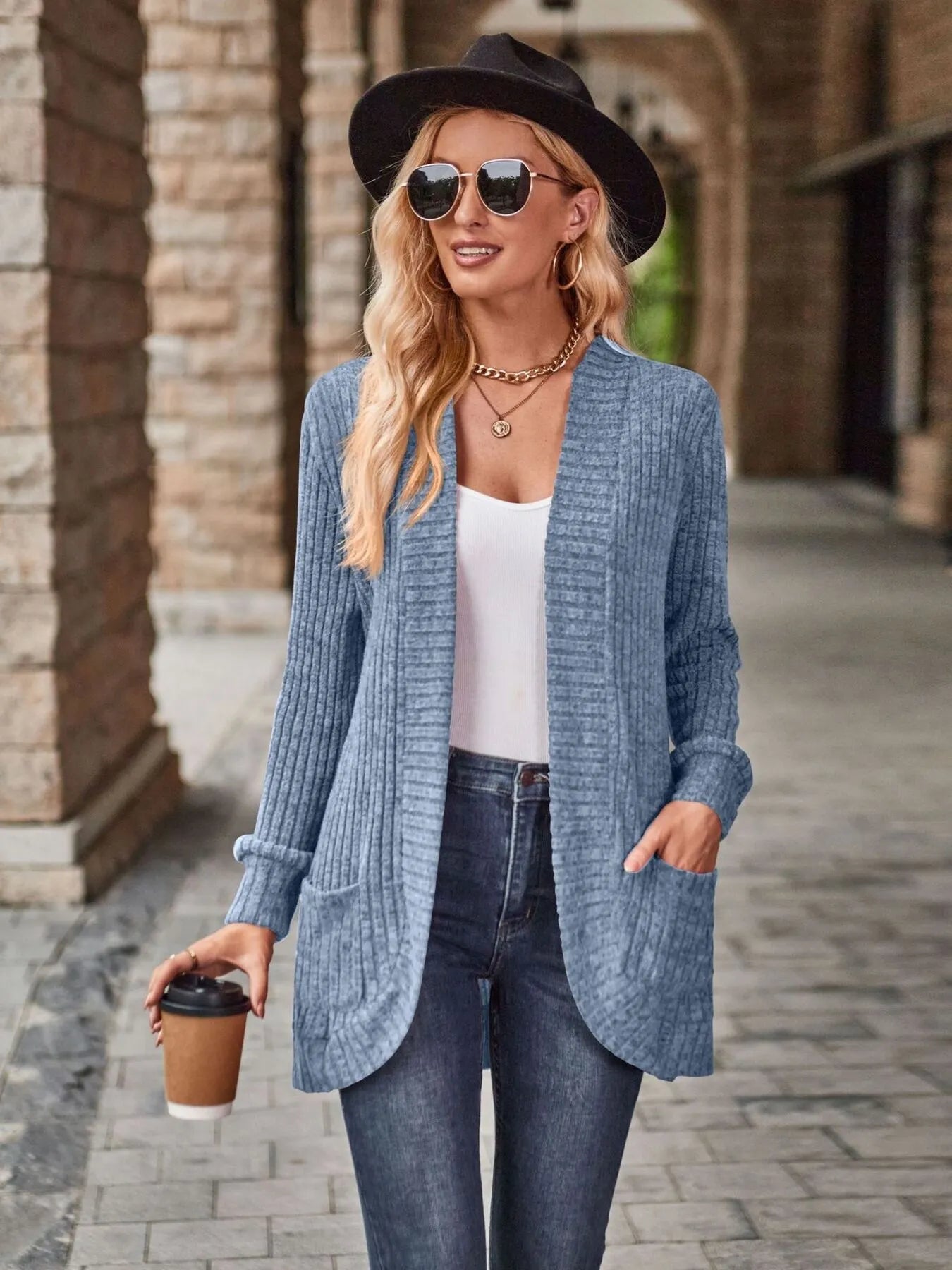 Ribbed Open Front Long Cardigan with Pockets - Fashorio