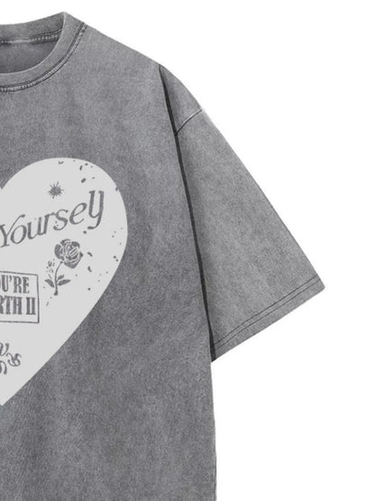 Heart Round Neck Short Sleeve T-Shirt - Fashorio