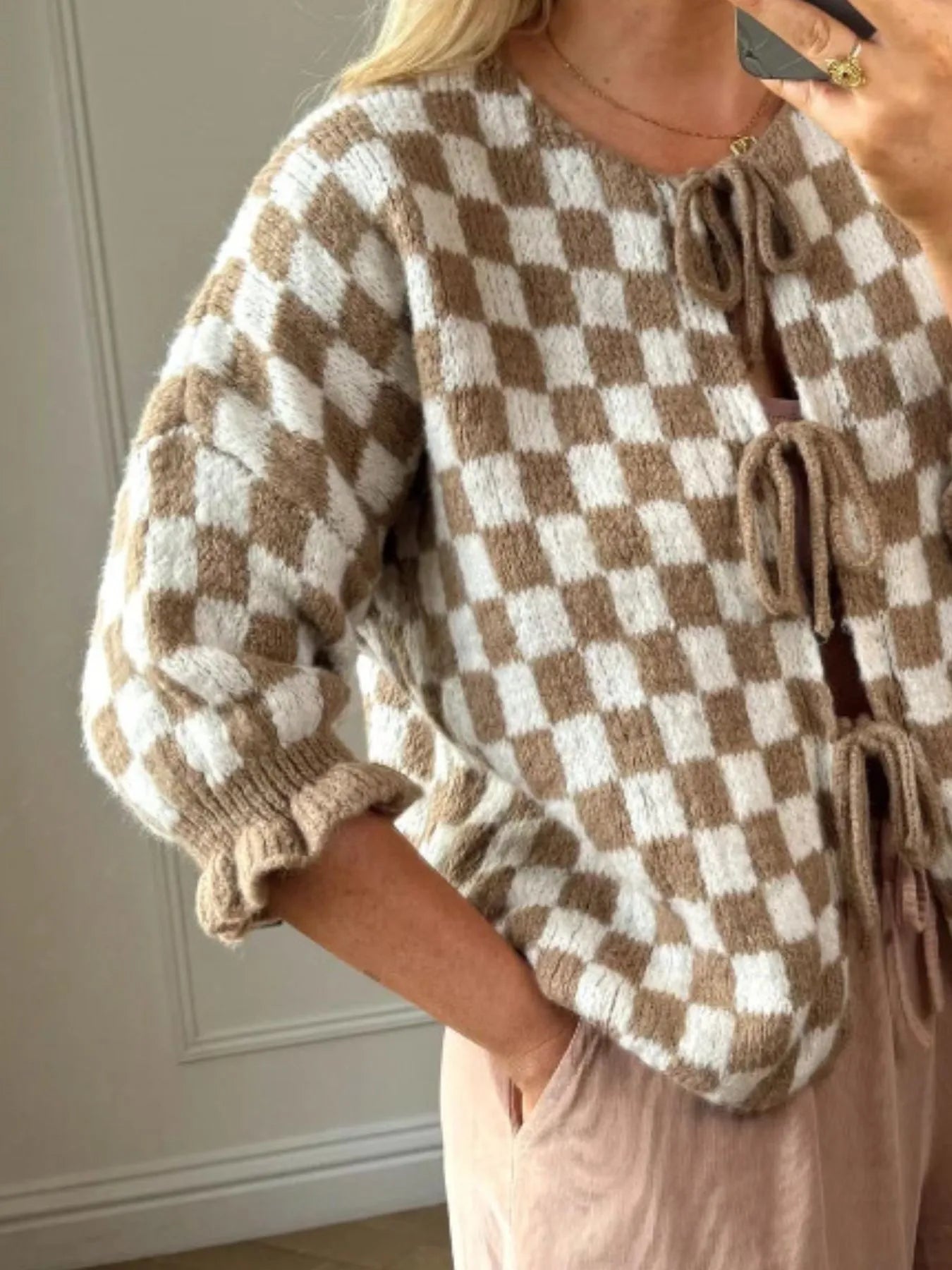 Checkered Tie-Front Knit Cardigan - Fashorio