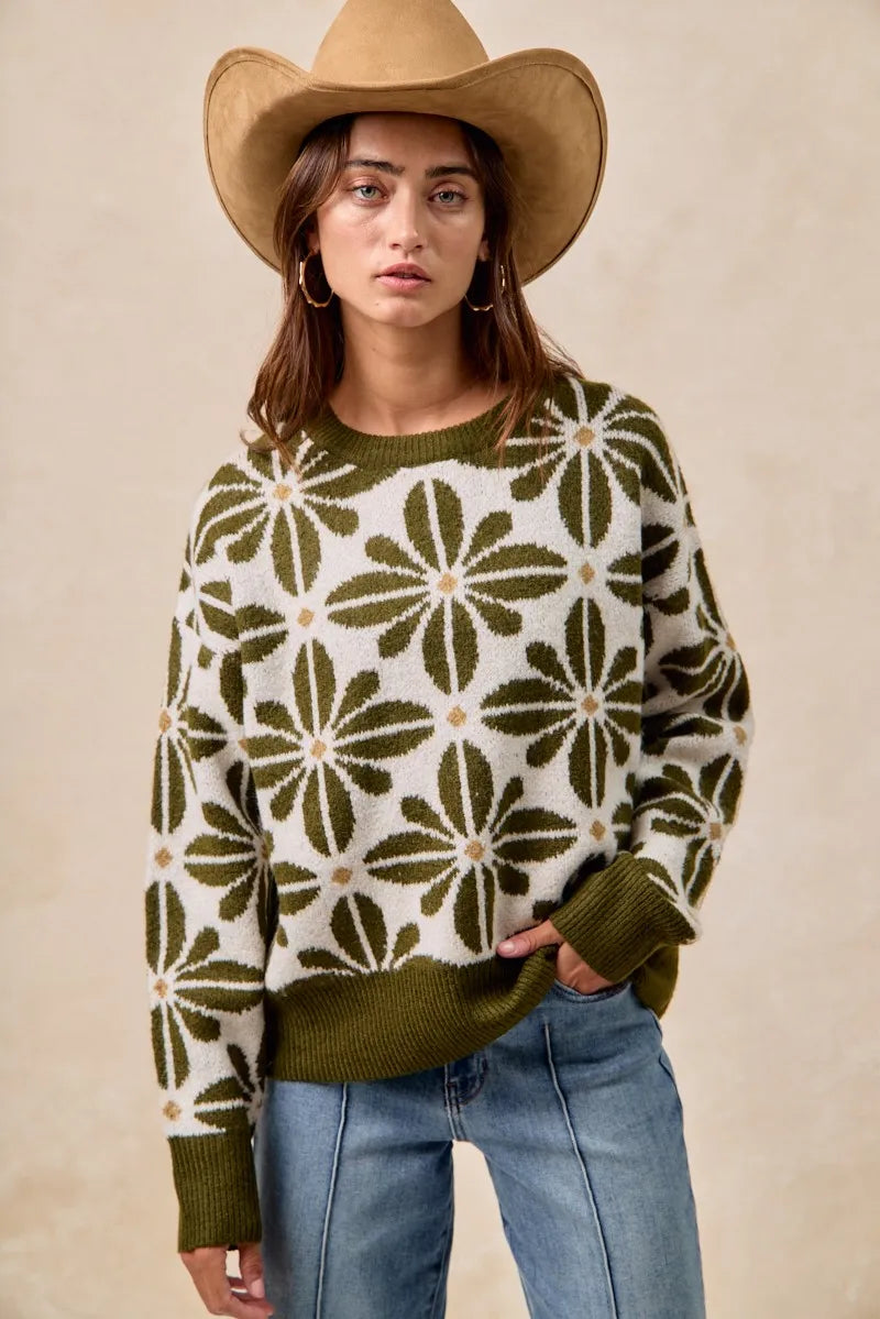 BiBi Flower Pattern Long Sleeve Sweater - Fashorio