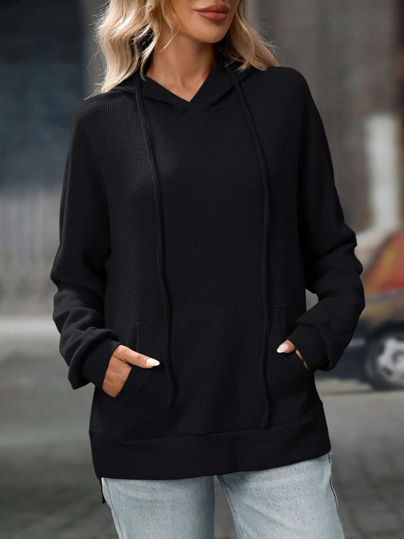 Textured Drawstring Long Sleeve Hoodie - Fashorio