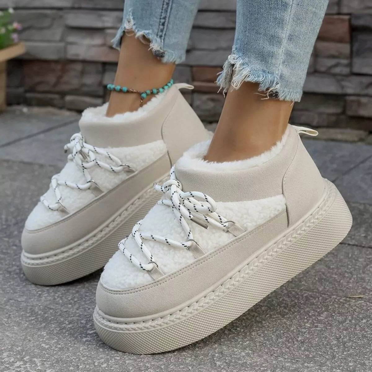 plush lined lace up platform winter boots studio view