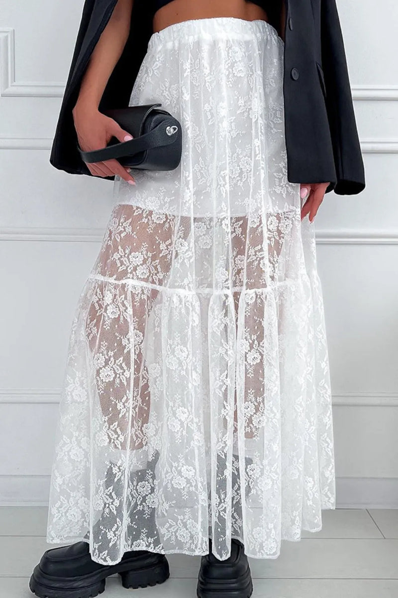 White lace elastic waist maxi skirt front view