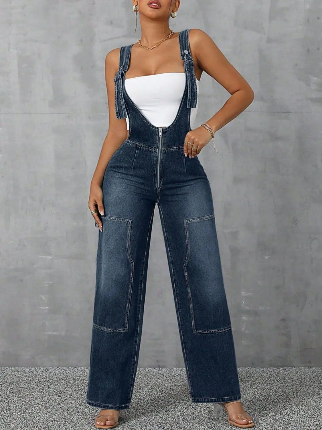 Zip Front Wide Strap Denim Overalls - Fashorio