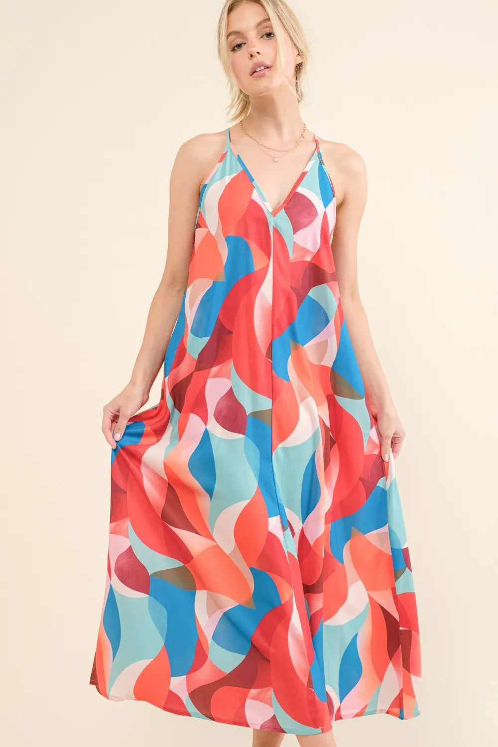 Printed Crisscross Back Cami Dress in Blue detail