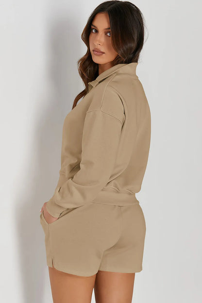 Half Button Sweatshirt and Shorts Active Set - Fashorio