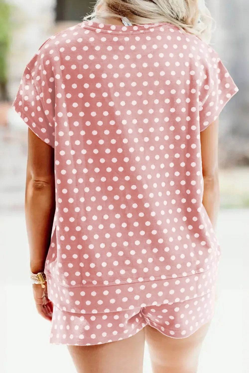 Dusty pink polka dot set full outfit styling