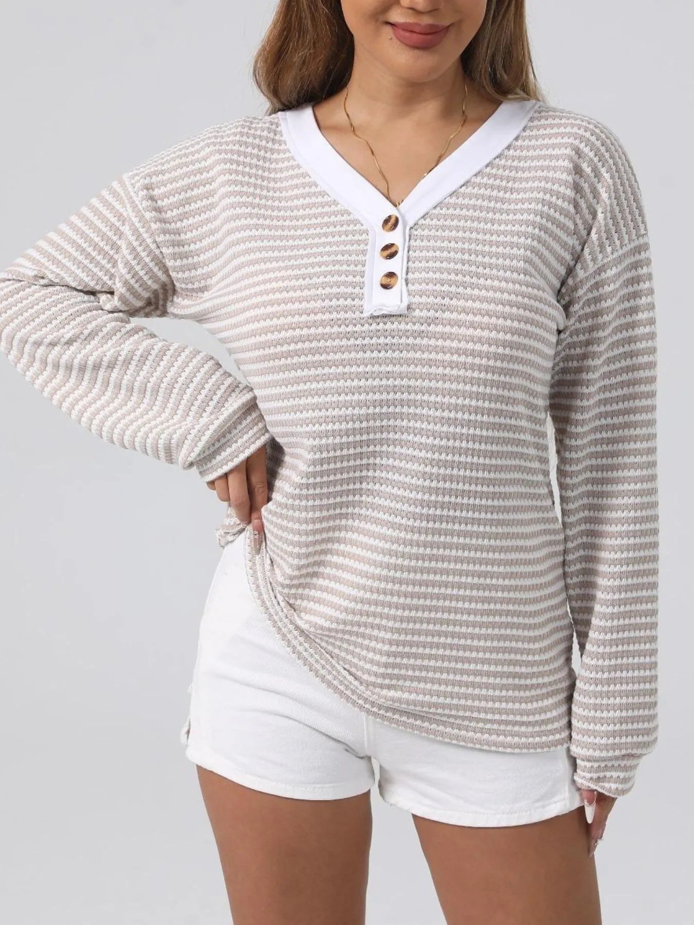 Striped Button Detail Long Sleeve Top - Fashorio