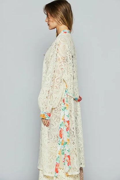 POL Floral Trim Lace Open Front Longline Cardigan - Fashorio