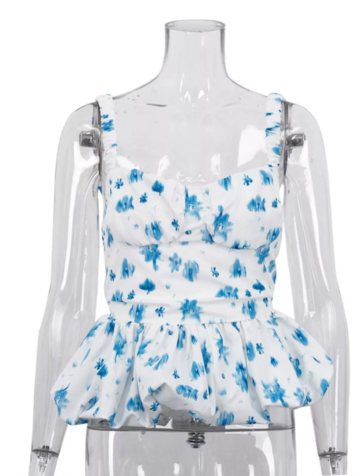 Close detail of the light blue floral print