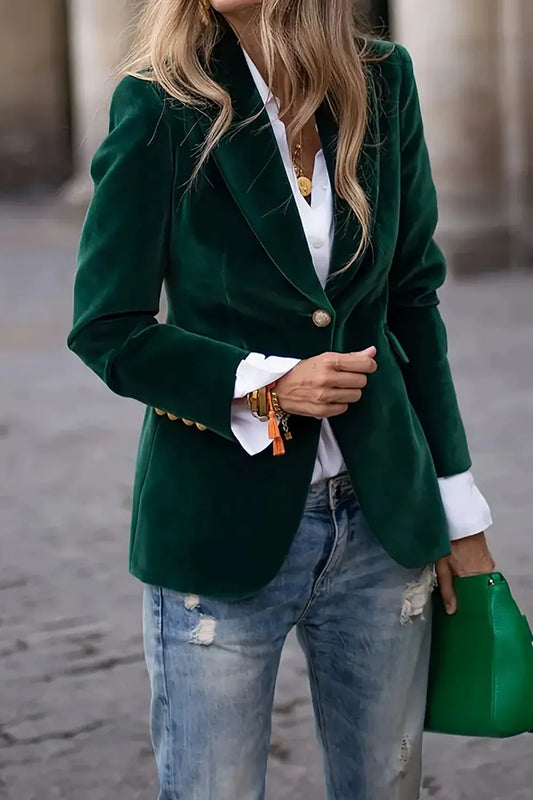 Lapel Collar One Button Blazer Dark Green - Fashorio