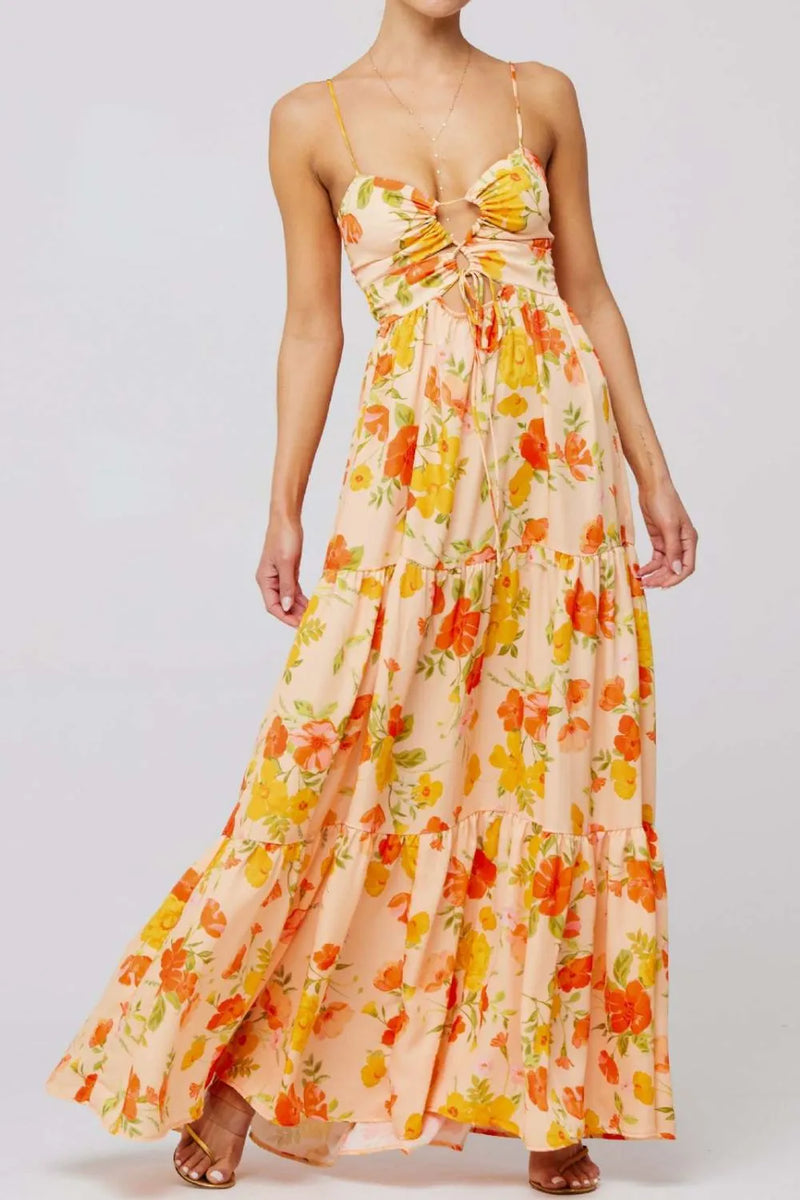 Floral tie front tiered maxi dress front view