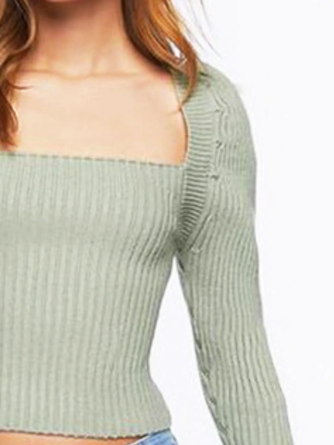 Ribbed Square Neck Long Sleeve Sweater - Fashorio