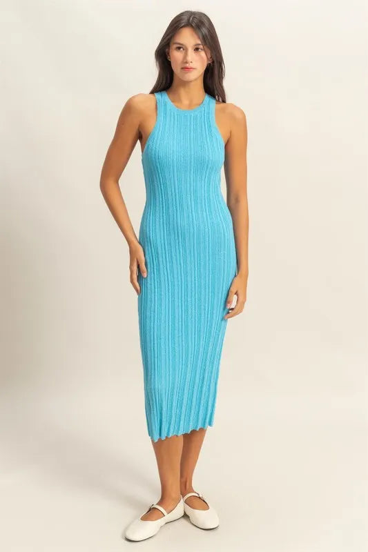 HYFVE Round Neck Bodycon Ribbed Knit Dress BLUE - Fashorio