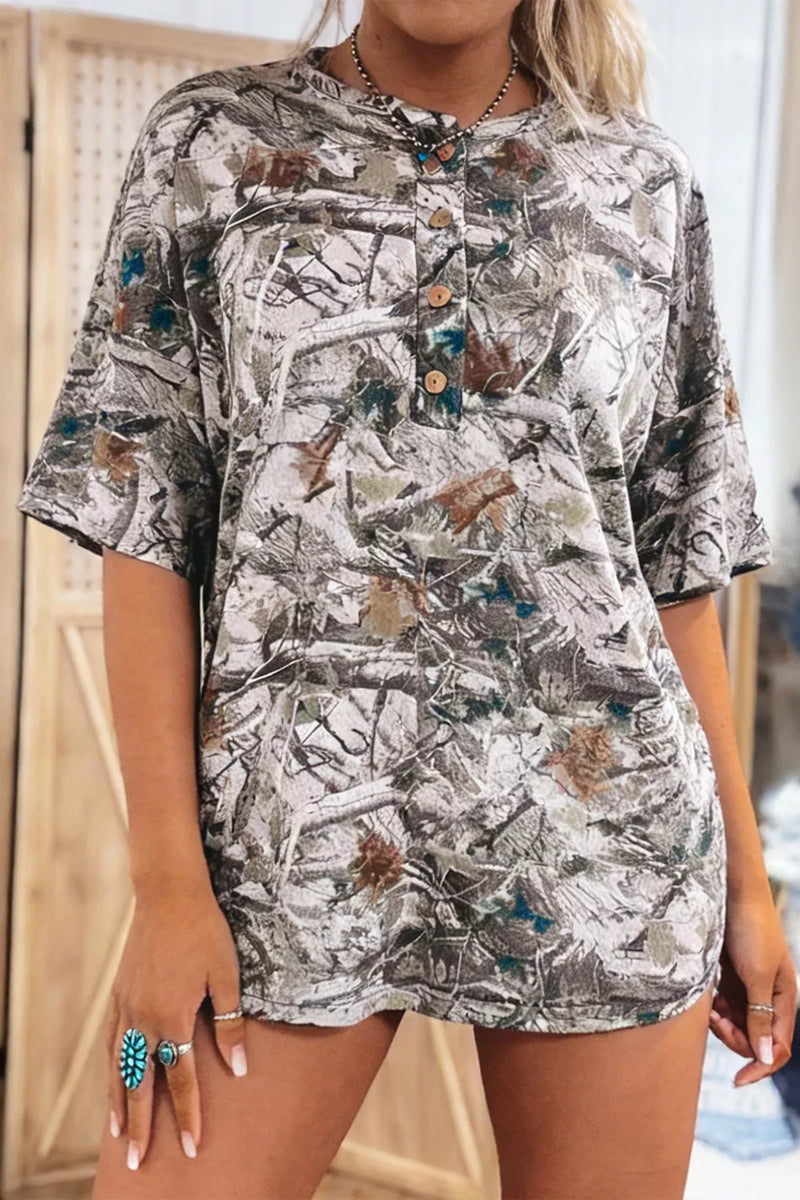 Gray woodland print henley tunic tee front view