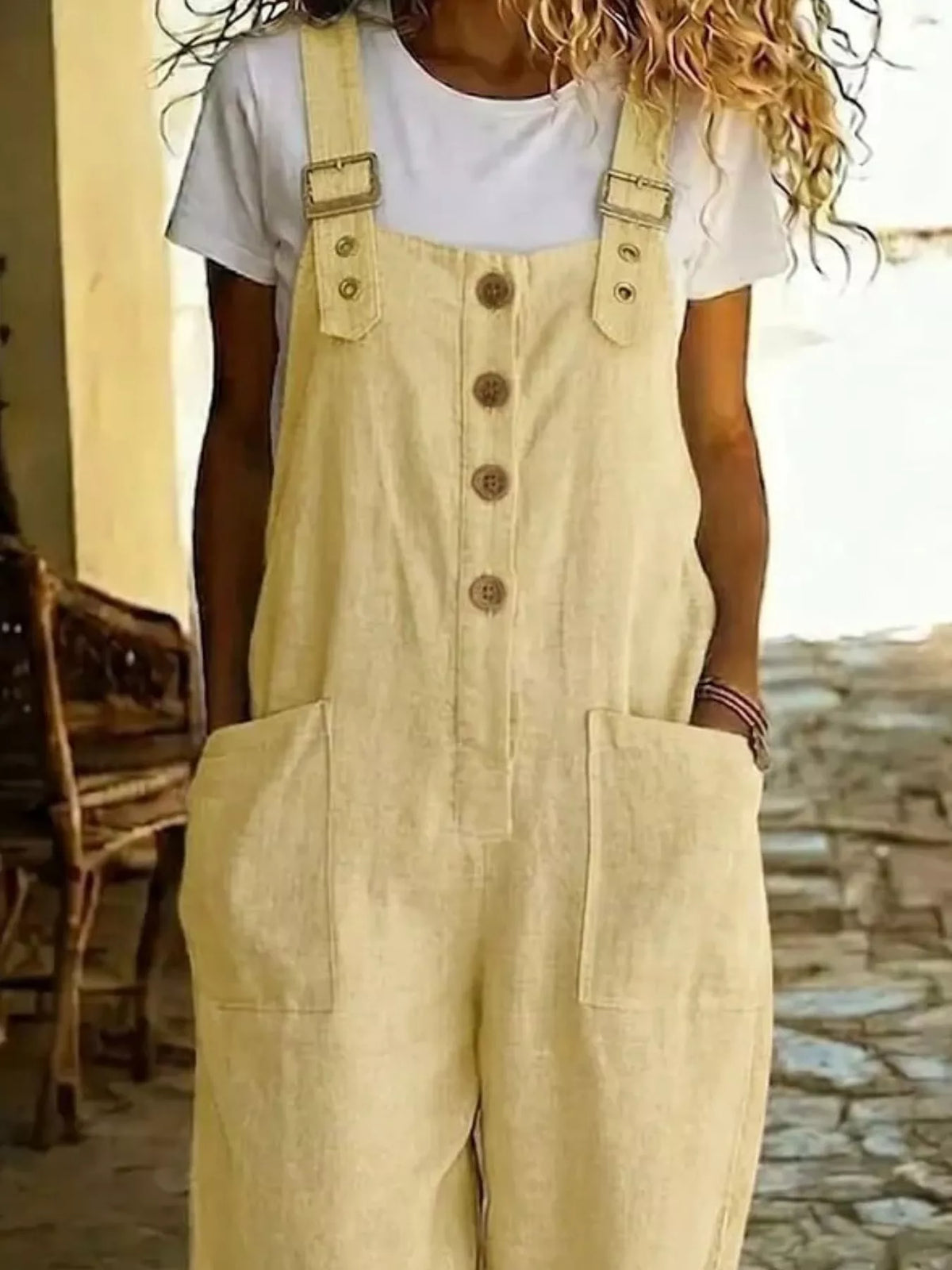 Button front wide leg overalls detail view