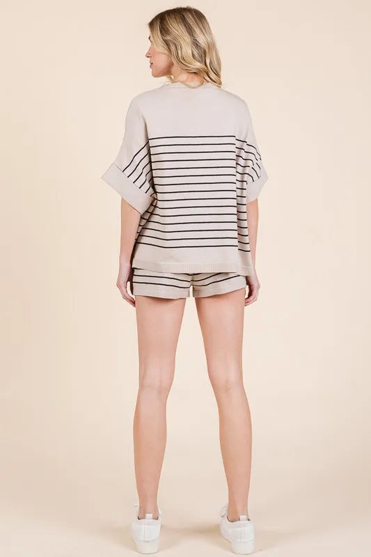 Lime 'N' Chili Striped Folded Half Sleeve Top and Shorts Set - Fashorio