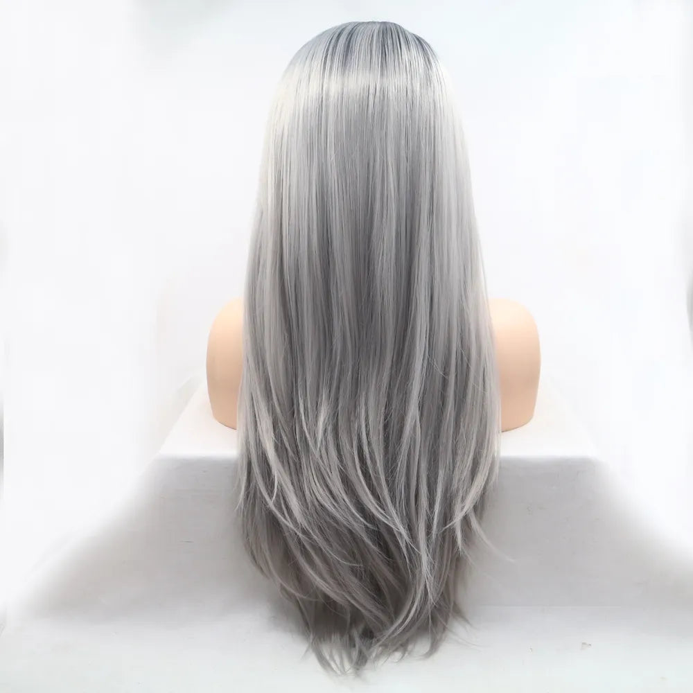 Long straight synthetic wig side view