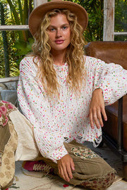 POL Round Neck Fringed Hem Sweater WHITE PINK - Fashorio