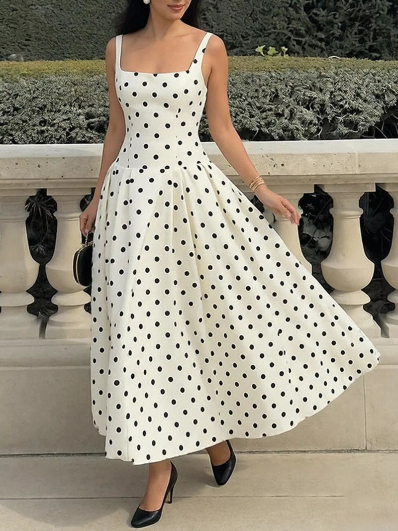 cream polka dot square neck maxi dress front view