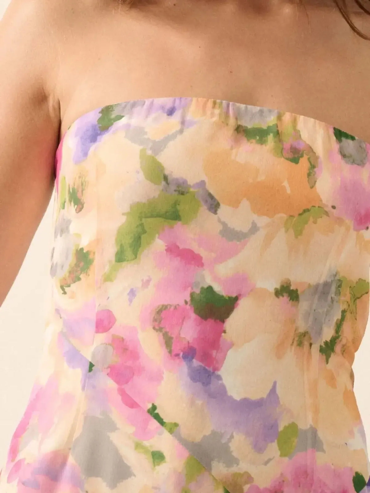 Strapless floral ruched maxi dress with side slit full length view