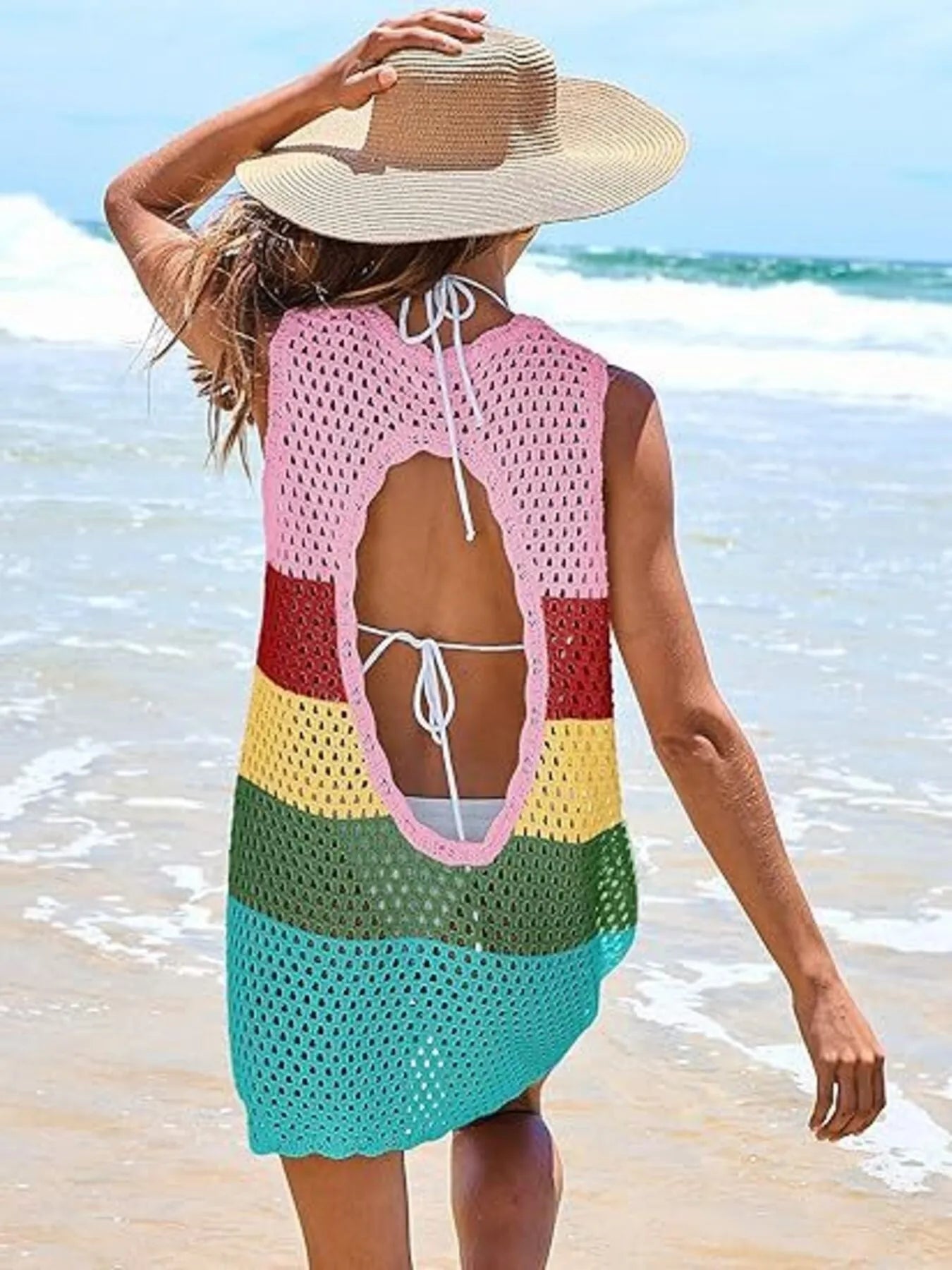 Color Block Openwork Sleeveless Cutout Back Cover-Up Rainbow - Fashorio