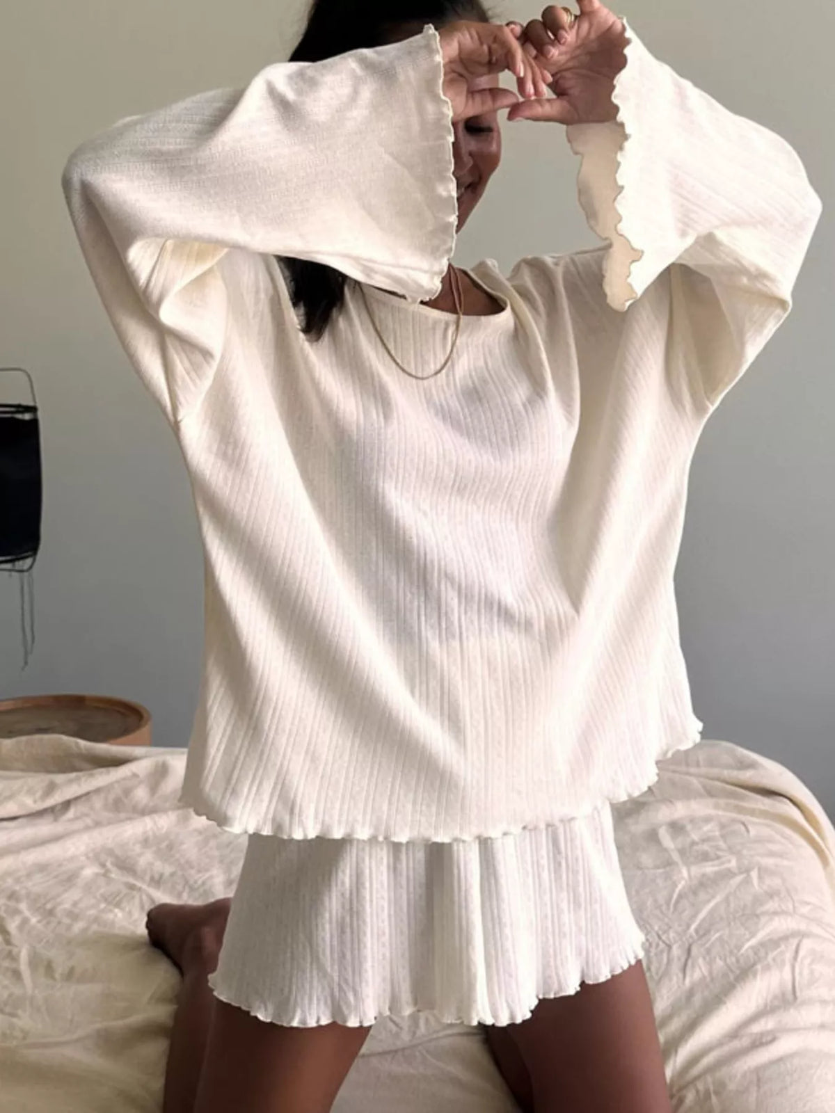 Ribbed knit two piece lounge top and shorts detail