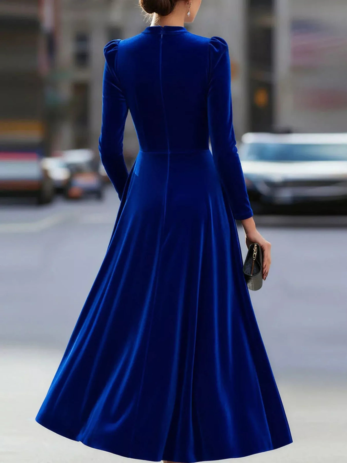 velvet long sleeve A line dress neckline detail